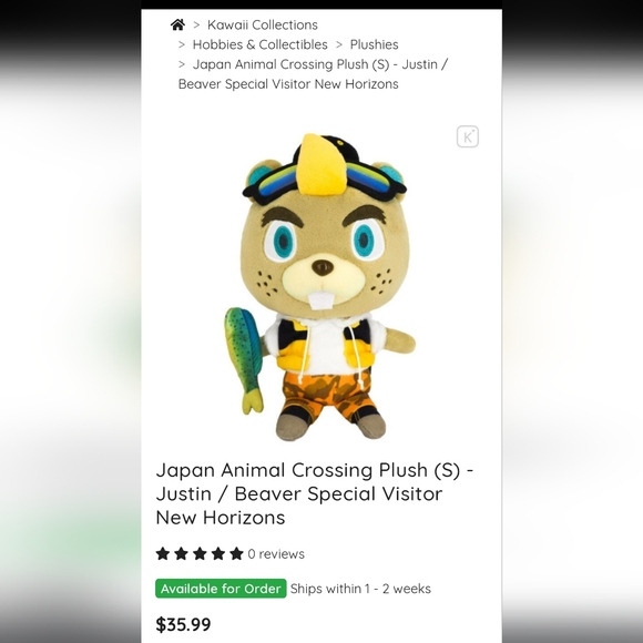 Animal Crossing New Horizons All Stars Plush CJ 8" Fishing Beaver N.W.T. - Picture 8 of 8
